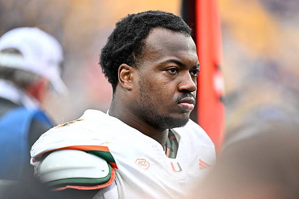 PITTSBURGH, PENNSYLVANIA - NOVEMBER 29, 2025: Rueben Bain Jr. #4 of the Miami Hurricanes looks on during the first half against the Pittsburgh Panthers at Acrisure Stadium on November 29, 2025 in Pittsburgh, Pennsylvania. (Photo by Chris Bernacchi/Diamond Images via Getty Images)