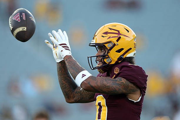 TEMPE, ARIZONA - AUGUST 30: Wide receiver Jordyn Tyson #0 of the Arizona State Sun Devils warms up before the game against the Northern Arizona Lumberjacks at Mountain America Stadium on August 30, 2025 in Tempe, Arizona. (Photo by Chris Coduto/Getty Images)