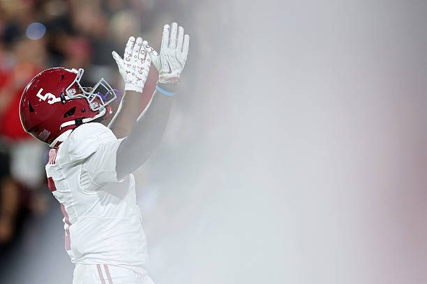 ATHENS, GEORGIA - SEPTEMBER 27: Germie Bernard #5 of the Alabama Crimson Tide celebrates after scoring a touchdown during the first quarter against the Georgia Bulldogs at Sanford Stadium on September 27, 2025 in Athens, Georgia. (Photo by Kevin C. Cox/Getty Images)