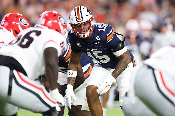 AUBURN, ALABAMA - OCTOBER 11:  Keldric Faulk #15 of the Auburn Tigers lines up against the Georgia Bulldogs during the second quarter at Jordan-Hare Stadium on October 11, 2025 in Auburn, Alabama. (Photo by Kevin C. Cox/Getty Images)