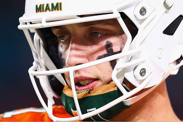 MIAMI GARDENS, FLORIDA - OCTOBER 17: Carson Beck #11 of the Miami Hurricanes looks on during the first half of the game against the Louisville Cardinals at Hard Rock Stadium on October 17, 2025 in Miami Gardens, Florida. (Photo by Megan Briggs/Getty Images)