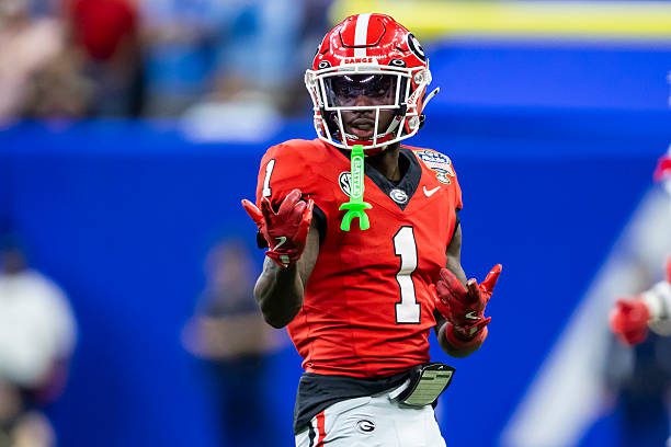 NEW ORLEANS, LA - JANUARY 01: WR Zachariah Branch #1 of the Georgia Bulldogs gestures a first down during the College Football Playoff Quarterfinal game between the Ole Miss Rebels and the Georgia Bulldogs on Thursday January 1, 2026 at the Caesars Superdome in New Orleans, LA.  (Photo by Nick Tre. Smith/Icon Sportswire via Getty Images)
