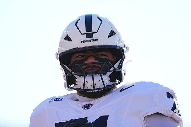 PISCATAWAY, NEW JERSEY - NOVEMBER 29: Olaivavega Ioane #71 of the Penn State Nittany Lions looks on against the Rutgers Scarlet Knights at SHI Stadium on November 29, 2025 in Piscataway, New Jersey. The Penn State Nittany Lions defeated the Rutgers Scarlet Knights 40-36. (Photo by Mitchell Leff/Getty Images)
