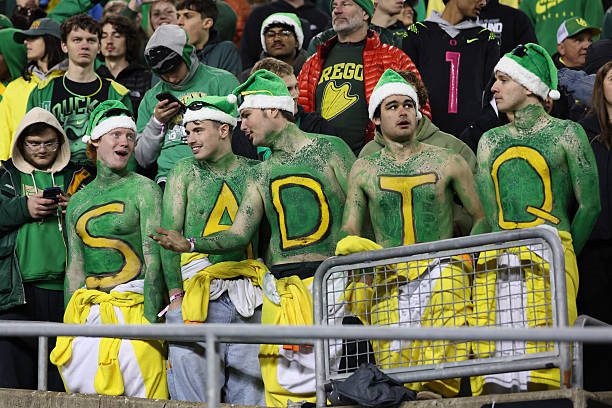 EUGENE, OREGON - DECEMBER 20: Oregon Ducks fans show their support for Kenyon Sadiq #18 of the Oregon Ducks during the third quarter against the James Madison Dukesduring the 2025 College Football Playoff First Round Game at Autzen Stadium on December 20, 2025 in Eugene, Oregon.  (Photo by Tom Hauck/Getty Images)