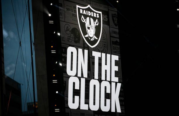 KANSAS CITY, MO - APRIL 27:  The on the clock branding is displayed for the Las Vegas Raiders during Round One of the 2023 NFL Draft on Thursday April 27, 2023 at Union Station in Kansas City, MO.  (Photo by Nick Tre. Smith/Icon Sportswire via Getty Images)