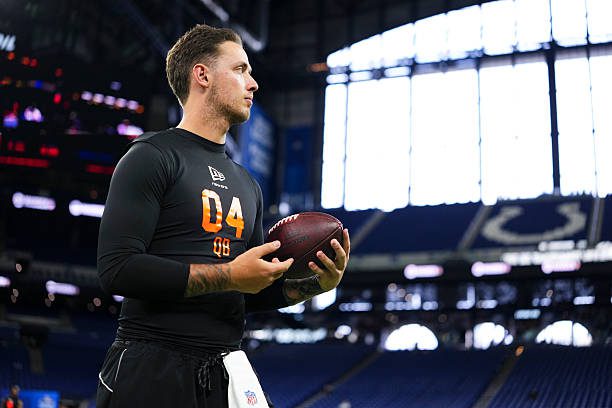 INDIANAPOLIS, IN - FEBRUARY 28: Carson Beck #QB04 of Miami participates in a drill during the 2026 NFL Scouting Combine  at Lucas Oil Stadium on February 28, 2026 in Indianapolis, Indiana. (Photo by Cooper Neill/Getty Images)