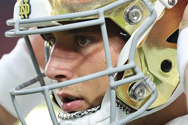 MIAMI GARDENS, FLORIDA - AUGUST 31:  CJ Carr #13 of the Notre Dame Fighting Irish warms up prior to facing the Miami Hurricanes at Hard Rock Stadium on August 31, 2025 in Miami Gardens, Florida. (Photo by Carmen Mandato/Getty Images)
