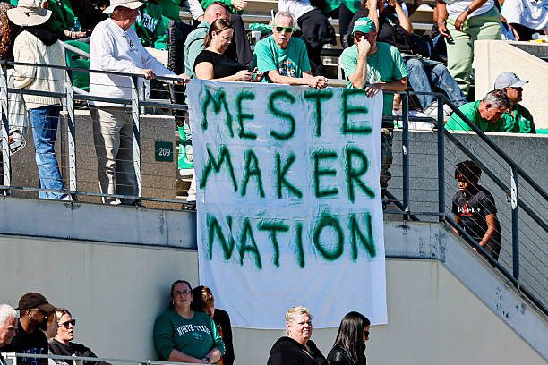 DENTON, TX - NOVEMBER 01: A sign cheerling on North Texas Mean Green quarterback Drew Mestemaker (17) hangs from the upper deck during the game between the North Texas Mean Green and the Navy Midshipmen on November 1, 2025 at DATCU Stadium in Denton, Texas. (Photo by Matthew Pearce/Icon Sportswire via Getty Images)