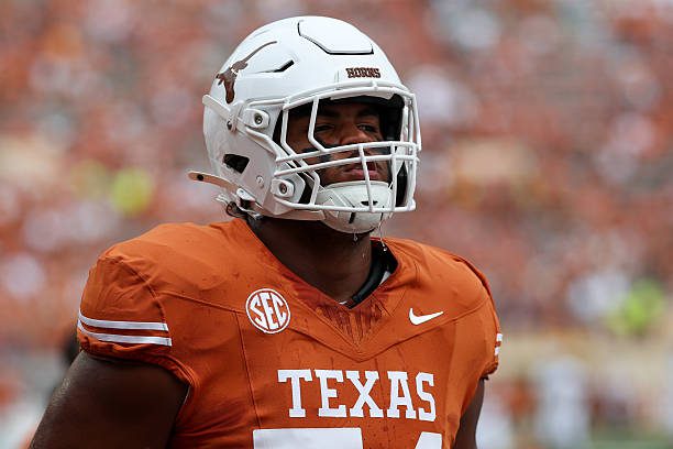 AUSTIN, TX - SEPTEMBER 06: Offensive Lineman Trevor Goosby #74 of the Texas Longhorns on the field for warmups before the college football game between Texas Longhorns and San Jose State Spartans on September 6, 2025, at Darrell K Royal - Texas Memorial Stadium in Austin, TX. (Photo by David Buono/Icon Sportswire via Getty Images)