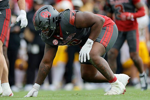 NORMAN, OKLAHOMA - NOVEMBER 22:  Defensive tackle David Stone #0 of the Oklahoma Sooners prepares to rush against the Missouri Tigers in the fourth quarter at Gaylord Family Oklahoma Memorial Stadium on November 22, 2025 in Norman, Oklahoma.  Oklahoma won 17-6.  (Photo by Brian Bahr/Getty Images)