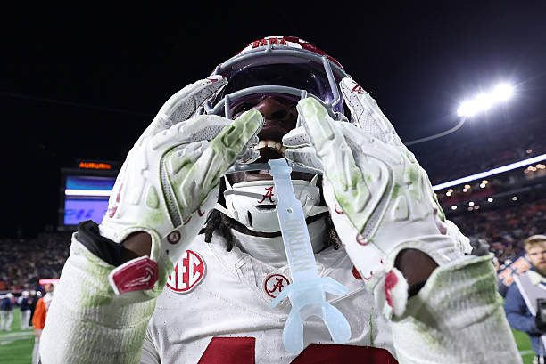 AUBURN, ALABAMA - NOVEMBER 29:  Yhonzae Pierre #42 of the Alabama Crimson Tide reacts after their 27-20 win over the Auburn Tigers at Jordan-Hare Stadium on November 29, 2025 in Auburn, Alabama. (Photo by Kevin C. Cox/Getty Images)