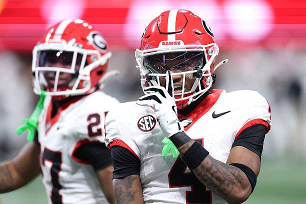 ATLANTA, GEORGIA - DECEMBER 06: KJ Bolden #4 of the Georgia Bulldogs reacts after a turnover by the Alabama Crimson Tide during the fourth quarter in the 2025 SEC Championship at Mercedes-Benz Stadium on December 06, 2025 in Atlanta, Georgia. (Photo by Kevin C. Cox/Getty Images)