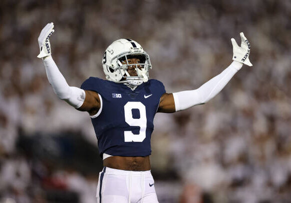 STATE COLLEGE, PA - OCTOBER 22: Joey Porter Jr. #9 of the Penn State Nittany Lions celebrates after a play against the Minnesota Golden Gophers during the first half at Beaver Stadium on October 22, 2022 in State College, Pennsylvania. (Photo by Scott Taetsch/Getty Images)