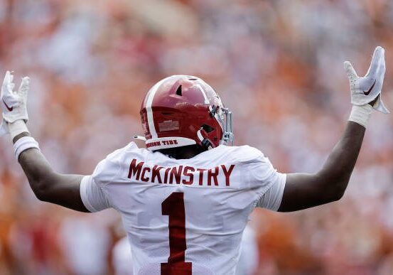 AUSTIN, TEXAS - SEPTEMBER 10: Kool-Aid McKinstry #1 of the Alabama Crimson Tide reacts after an interference penalty in the first half against the Texas Longhorns at Darrell K Royal-Texas Memorial Stadium on September 10, 2022 in Austin, Texas. (Photo by Tim Warner/Getty Images)