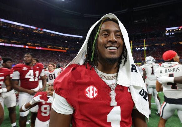 ATLANTA, GEORGIA - DECEMBER 02: Kool-Aid McKinstry #1 of the Alabama Crimson Tide celebrates after defeating the Georgia Bulldogs 27-24 in the SEC Championship at Mercedes-Benz Stadium on December 02, 2023 in Atlanta, Georgia. (Photo by Kevin C. Cox/Getty Images)