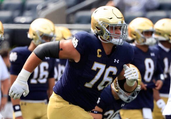 SOUTH BEND, INDIANA - SEPTEMBER 16: Joe Alt #76 of the Notre Dame Fighting Irish warms up before the game against the Central Michigan Chippewas at Notre Dame Stadium on September 16, 2023 in South Bend, Indiana. (Photo by Justin Casterline/Getty Images)