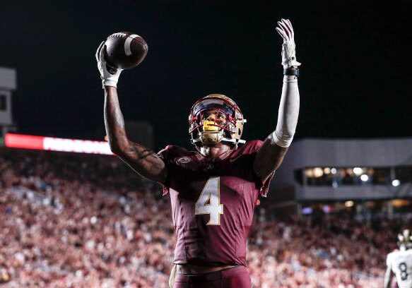 TALLAHASSEE, FL - SEPTEMBER 9: Wide Receiver Keon Coleman #4 of the Florida State Seminoles celebrates a touchdown during the game against the Southern Miss Golden Eagles at Doak Campbell Stadium on Bobby Bowden Field on September 9, 2023 in Tallahassee, Florida. The Seminoles defeated the Golden Eagles 66 to 13. (Photo by Don Juan Moore/Getty Images)