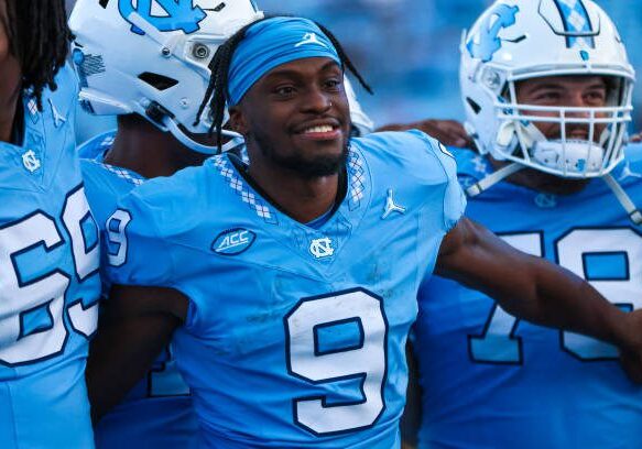 CHAPEL HILL, NC - OCTOBER 07: Devontez Walker #9 of the North Carolina Tar Heels smiles after a football game against the Syracuse Orange at Kenan Memorial Stadium in Chapel Hill, North Carolina on Oct 7, 2023. (Photo by David Jensen/Icon Sportswire via Getty Images)