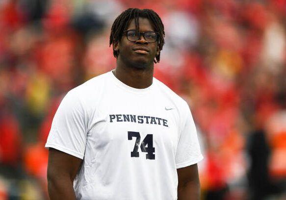 PASADENA, CA - JANUARY 02: Penn State Nittany Lions offensive lineman Olumuyiwa Fashanu (74) looks on before the Rose Bowl game between the Penn State Nittany Lions and the Utah Utes on January 2, 2023 at the Rose Bowl Stadium in Pasadena, CA. (Photo by Brian Rothmuller/Icon Sportswire via Getty Images)