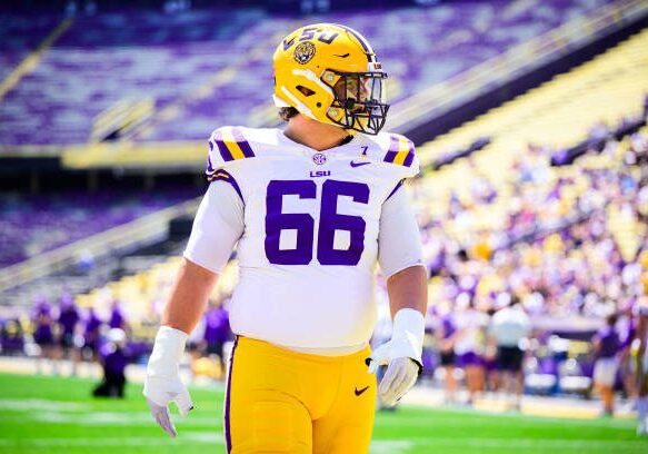 BATON ROUGE, LOUISIANA - APRIL 13: Will Campbell #66 looks on during the LSU National L Club Spring Game at Tiger Stadium on April 13, 2024 in Baton Rouge, Louisiana. (Photo by Gus Stark/LSU/University Images via Getty Images)