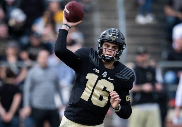 WEST LAFAYETTE, IN - APRIL 06: Purdue Boilermakers quarterback Aidan O'Connell (16) throws to the sidelines during the Purdue spring game on April 6, 2019, at Ross-Ade Stadium in West Lafayette, IN. (Photo by Zach Bolinger/Icon Sportswire via Getty Images)