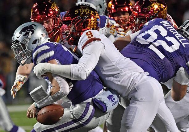 MANHATTAN, KS - NOVEMBER 30:  Linebacker Will McDonald #9 of the Iowa State Cyclones sacks quarterback Skylar Thompson #10 of the Kansas State Wildcats during the first half at Bill Snyder Family Football Stadium on November 30, 2019 in Manhattan, Kansas. (Photo by Peter G. Aiken/Getty Images)