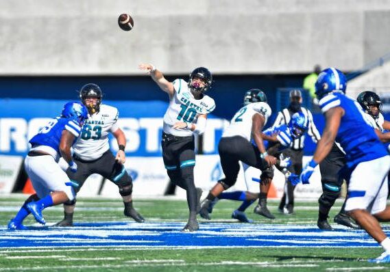 ATLANTA, GA - OCTOBER 31: Coastal Carolina quarterback Grayson McCall (10) makes a throw down field during the third quarter of a college football game between the Coastal Carolina Chanticleers and Georgia State Panthers on October 31, 2020, at Center Parc Credit Union Stadium in Atlanta, GA. (Photo by Austin McAfee/Icon Sportswire via Getty Images)
