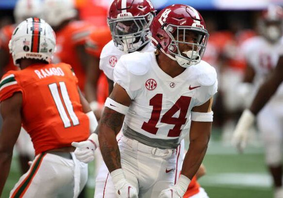 ATLANTA, GA - SEPTEMBER 04: Alabama Crimson Tide defensive back Brian Branch (14) during the Chick-fil-A Kickoff Game between the Miami Hurricanes and the Alabama Crimson Tide on September 4, 2021 at Mercedes Benz Stadium in Atlanta, Georgia.  (Photo by Michael Wade/Icon Sportswire via Getty Images)