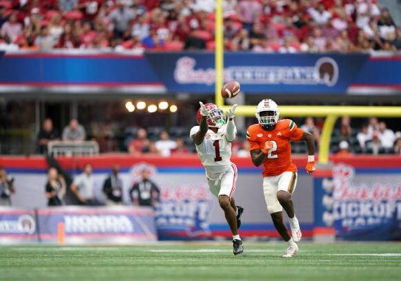 College Football: Alabama Jameson Williams (1) in action, incomplete pass vs Miami Tyrique Stevenson (2) at Mercedes Benz Stadium. Sequence. Atlanta, GA 9/4/2021 CREDIT: Kevin D. Liles (Photo by Kevin D. Liles/Sports Illustrated via Getty Images) (Set Number: X163783 TK1)