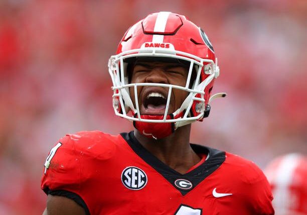 ATHENS, GA - OCTOBER 02: Nolan Smith #4 of the Georgia Bulldogs reacts in the first half against the Arkansas Razorbacks at Sanford Stadium on October 2, 2021 in Athens, Georgia. (Photo by Todd Kirkland/Getty Images)