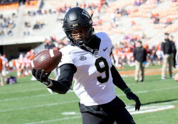 CLEMSON, SC - NOVEMBER 20: A.T. Perry (9) wide receiver of Wake Forest during a college football game between the Wake Forest Demon Deacons and the Clemson Tigers on November 20, 2021, at Clemson Memorial Stadium in Clemson, S.C. (Photo by John Byrum/Icon Sportswire via Getty Images)