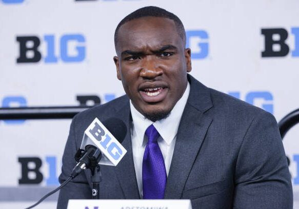 INDIANAPOLIS, IN - JULY 26: Adetomiwa Adebawore of the Northwestern Wildcats speaks during the 2022 Big Ten Conference Football Media Days at Lucas Oil Stadium on July 26, 2022 in Indianapolis, Indiana. (Photo by Michael Hickey/Getty Images)