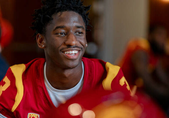 Los Angeles, CA - August 04: USC wide receiver Jordan Addison talks with reporters on media day at University of Southern California on Thursday, Aug. 4, 2022 in Los Angeles, CA. (Wesley Lapointe / Los Angeles Times via Getty Images)