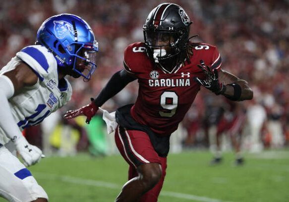 COLUMBIA, SC - SEPTEMBER 03: South Carolina Gamecocks defensive back Cam Smith (9) turns and runs with Georgia State Panthers wide receiver Robert Lewis (14) during a football game between the Georgia State Panthers and the South Carolina Gamecocks. (Photo by Charles Brock/Icon Sportswire via Getty Images)