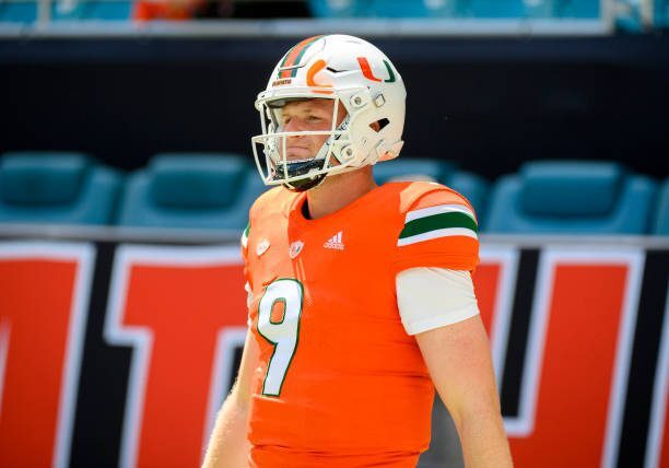 MIAMI GARDENS, FL - SEPTEMBER 03: Miami quarterback Tyler Van Dyke (9) stands on the field before the start of the college football game between the Bethune-Cookman Wildcats and the University of Miami Hurricanes on September 3, 2022 at the Hard Rock Stadium in Miami Gardens, FL. (Photo by Doug Murray/Icon Sportswire via Getty Images)