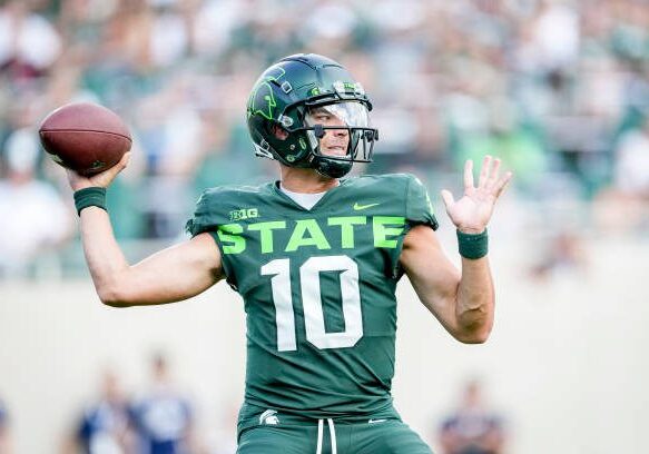 EAST LANSING, MICHIGAN - SEPTEMBER 10: Payton Thorne #10 of the Michigan State Spartans throws the ball against the Akron Zips during the second quarter at Spartan Stadium on September 10, 2022 in East Lansing, Michigan. (Photo by Nic Antaya/Getty Images)