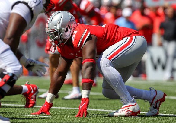 COLUMBUS, OH - SEPTEMBER 10: Ohio State Buckeyes defensive tackle Michael Hall Jr. (51) at the line of scrimmage during the second quarter of the college football game between the Arkansas State Red Wolves and Ohio State Buckeyes on September 10, 2022, at Ohio Stadium in Columbus, OH. (Photo by Frank Jansky/Icon Sportswire via Getty Images)