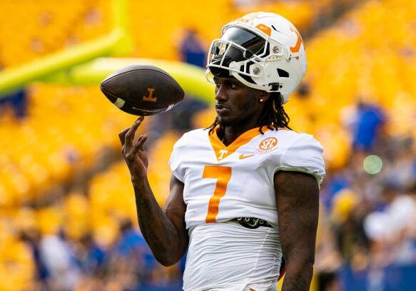 PITTSBURGH, PA - SEPTEMBER 10: Tennessee Volunteers quarterback Joe Milton III (7) spins a football on his finger during the college football game between the Tennessee Volunteers and the Pittsburgh Panthers on September 10, 2022 at Acrisure Stadium in Pittsburgh, PA. (Photo by Mark Alberti/Icon Sportswire via Getty Images)