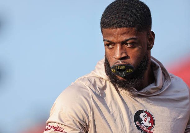 LOUISVILLE, KY - SEPTEMBER 16: Jared Verse #5 of the Florida State Seminoles is seen before the game against the Louisville Cardinals at Cardinal Stadium on September 16, 2022 in Louisville, Kentucky. (Photo by Michael Hickey/Getty Images)