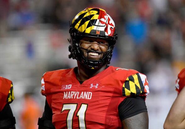 COLLEGE PARK, MD - SEPTEMBER 17: Maryland tackle Jaelyn Duncan (71) smiles during the Southern Methodist University (SMU) Mustangs versus Maryland Terrapins game on September 17, 2022 at Capital One Field at Maryland Stadium in College Park, MD. (Photo by Randy Litzinger/Icon Sportswire via Getty Images)