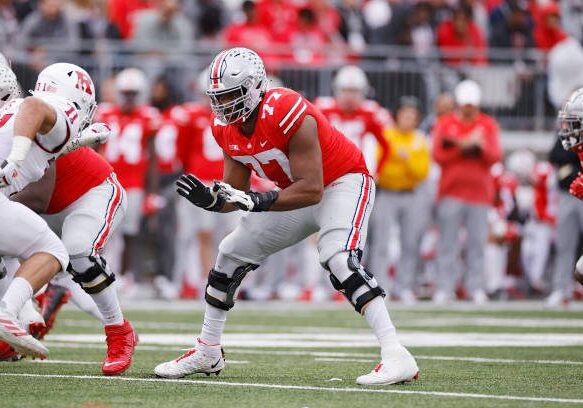 COLUMBUS, OH - OCTOBER 01: Ohio State Buckeyes offensive lineman Paris Johnson Jr. (77) blocks during a college football game against the Rutgers Scarlet Knights on October 1, 2022 at Ohio Stadium in Columbus, Ohio. (Photo by Joe Robbins/Icon Sportswire via Getty Images)