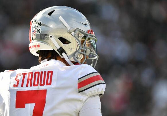 EAST LANSING, MI - OCTOBER 08: Ohio State Buckeyes quarterback C.J. Stroud (7) looks toward the sideline during a college football game between the Michigan State Spartans and Ohio State Buckeyes on October 8, 2022 at Spartan Stadium in East Lansing, MI (Photo by Adam Ruff/Icon Sportswire via Getty Images)