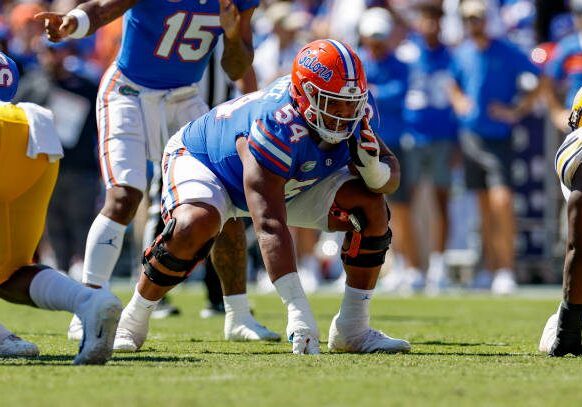 GAINESVILLE, FL - OCTOBER 08: Florida Gators offensive lineman O'Cyrus Torrence (54) during the game between the Missouri Tigers and the Florida Gators on October 8, 2022 at Ben Hill Griffin Stadium at Florida Field in Gainesville, Fl. (Photo by David Rosenblum/Icon Sportswire via Getty Images)