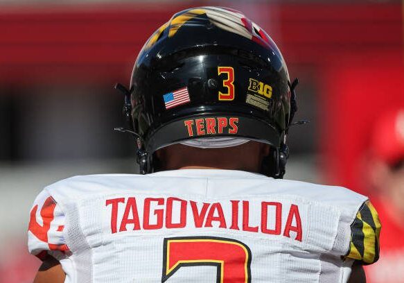 BLOOMINGTON, IN - OCTOBER 15: Taulia Tagovailoa #3 of the Maryland Terrapins is seen before the game against the Indiana Hoosiers at Memorial Stadium on October 15, 2022 in Bloomington, Indiana. (Photo by Michael Hickey/Getty Images)