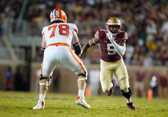 TALLAHASSEE, FL - OCTOBER 15: Florida State Seminoles defensive lineman Jared Verse (5) rushes the passer during the Clemson Tigers game against the Florida State Seminoles on October 15, 2022, at Doak Campbell Stadium in Tallahassee, FL. (Photo by Chris Leduc/Icon Sportswire via Getty Images)