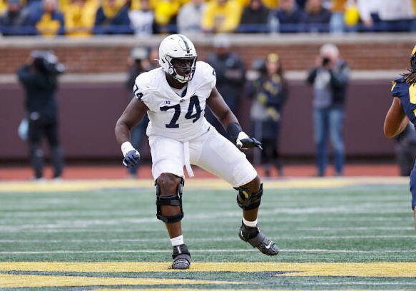 ANN ARBOR, MI - OCTOBER 15: Penn State Nittany Lions offensive lineman Olumuyiwa Fashanu (74) blocks during a college football game against the Michigan Wolverines on October 15, 2022 at Michigan Stadium in Ann Arbor, Michigan. (Photo by Joe Robbins/Icon Sportswire via Getty Images)