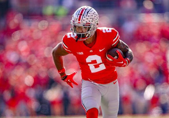 COLUMBUS, OH - OCTOBER 22: Ohio State Buckeyes wide receiver Emeka Egbuka (2) runs after making a catch during the second quarter of the college football game between the Iowa Hawkeyes and Ohio State Buckeyes on October 22, 2022, at Ohio Stadium in Columbus, OH. (Photo by Frank Jansky/Icon Sportswire via Getty Images)