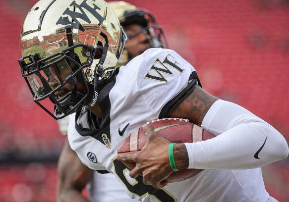 LOUISVILLE, KY - OCTOBER 29: A.T. Perry #9 of the Wake Forest Demon Deacons is seen before the game against the Louisville Cardinals at Cardinal Stadium on October 29, 2022 in Louisville, Kentucky. (Photo by Michael Hickey/Getty Images)