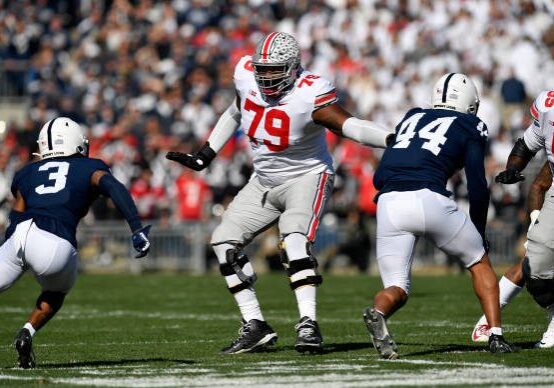 UNIVERSITY PARK, PA - OCTOBER 29: Ohio State tackle Dawand Jones (79) pass blocks during the Ohio State Buckeyes versus Penn State Nittany Lions game on October 29, 2022 at Beaver Stadium in University Park, PA. (Photo by Randy Litzinger/Icon Sportswire via Getty Images)