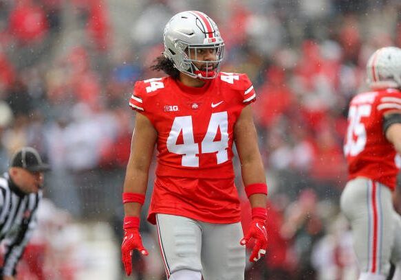 COLUMBUS, OH - NOVEMBER 12: Ohio State Buckeyes defensive end J.T. Tuimoloau (44) at the line of scrimmage during the first quarter of the college football game between the Indiana Hoosiers and Ohio State Buckeyes on November 12, 2022, at Ohio Stadium in Columbus, OH. (Photo by Frank Jansky/Icon Sportswire via Getty Images)
